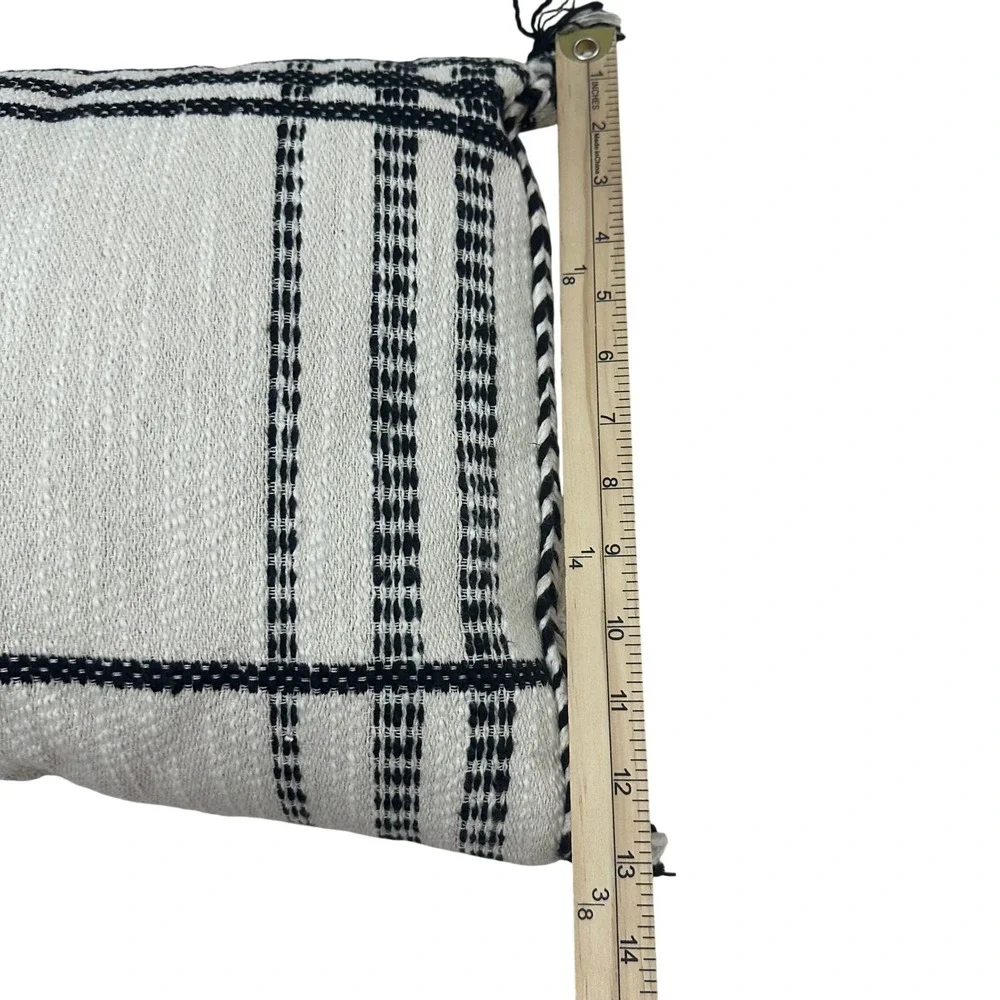 Woven Lumbar Pillow Black Cream Plaid Tassel Trim Textured Boho Accent 22x13